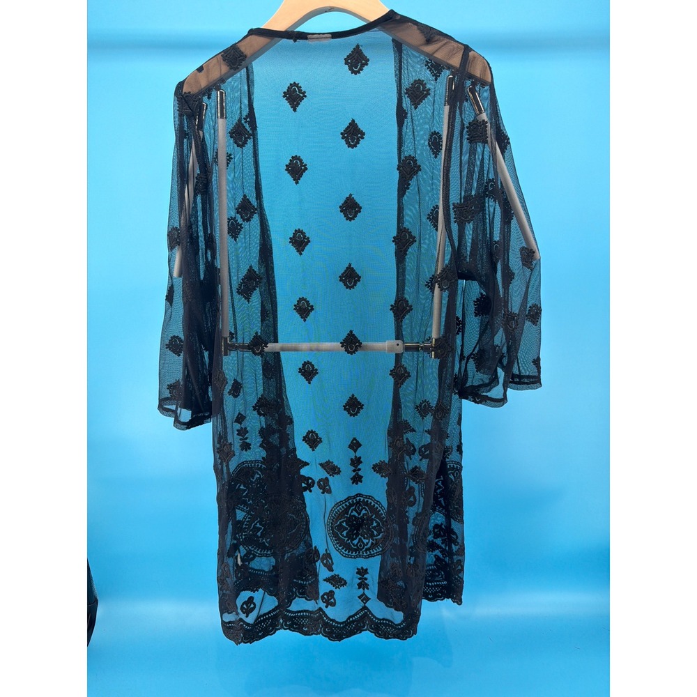Stellar Black Mesh Embroidered Kimono Duster Lace Trim Open Front Cover Up - Picture 2 of 5